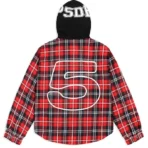 Red Plaid Sp5der Hooded Zip Flannel Shirt Jacket Back